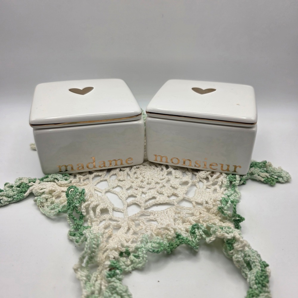 Creative Co-Op Madame and Monsieur White Ceramic Heart Trinket Boxes Set of 2